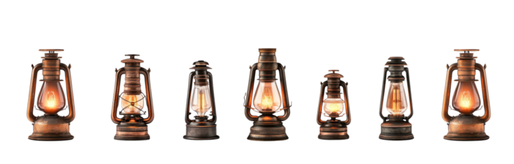 Set of vintage oil lamps isolated on a transparent background PNG.