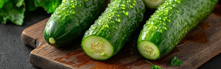 Fresh cucumbers with water droplets rest on a wooden cutting board, showcasing macro details of their texture and vibrant color. Ideal for culinary inspiration or healthy dining
