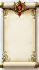 Elegant antique scroll with ornate gold decorations and a red seal, perfect for medieval themed writing or invitations
