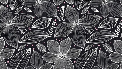 Abstract flower doodle brush seamless pattern. Sketch hand drawn spring floral plant, nature graphic leaf, scribble grunge brush texture black and white ink seamless pattern. perfect any project.