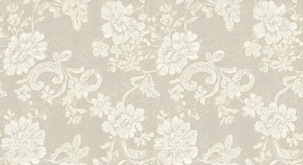 Obraz premium Un fondo texturizado que presenta intrincados motivos florales de encaje blanco sobre una superficie beige suave. El encaje tiene un diseño delicado
