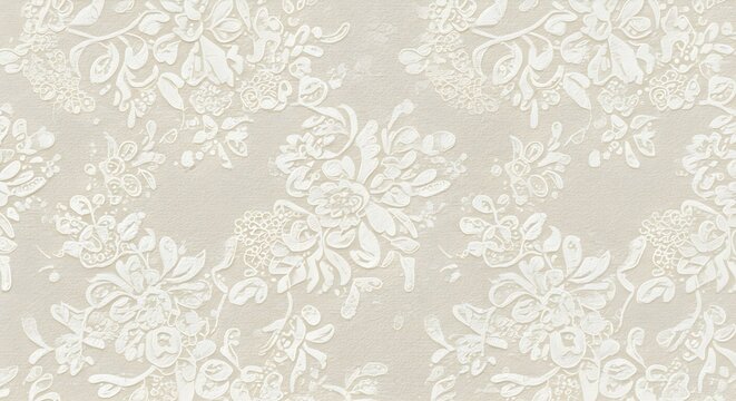 Un fondo texturizado que presenta intrincados motivos florales de encaje blanco sobre una superficie beige suave. El encaje tiene un dise&ntilde;o delicado