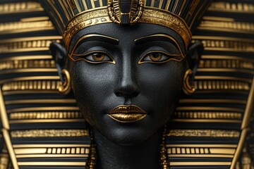 A striking and surreal digital artwork of an Egyptian queen, her dark, metallic aesthetic and golden embellishments embodying timeless beauty and power