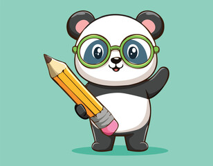 A cute funny cartoon with a pencil, panda, animal, cartoon, bear, vector, © Tarek