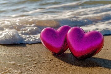 Fototapeta premium Two pink hearts on the beach symbolizing love, Valentine's Day concept. Generative Ai