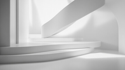 A minimalist, monochromatic space featuring smooth, curved steps and soft light, creating a serene...