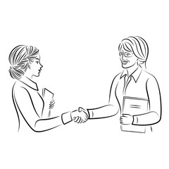 Two women meeting. Lady and girl shaking hands. Business partners greeting. Vector illustration.