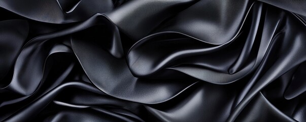 Obraz premium Abstract black satin fabric folds with gentle curves and highlights, creating a sophisticated and modern design with a luxurious feel