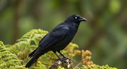 Fototapeta premium Observing a Torresian Crow Perched on a Rock with Lush Greenery
