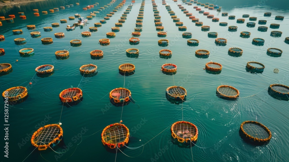 Poster hundreds of vibrant fish cages are arranged in a symmetrical pattern on the calm waters, showcasing 