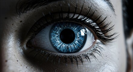 Close-up of Human Eye with Futuristic Technology Interface Overlayed in Pupil