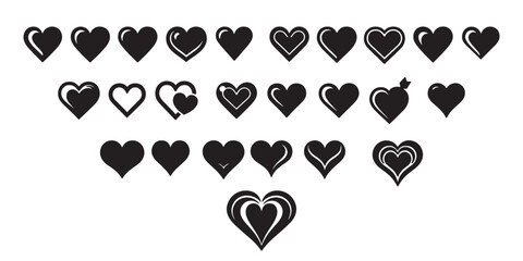 Black silhouette heart flat icon set isolated on white. Collection of Black and White Heart Icons for Design