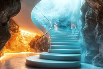 Modern Spiral Staircase in a Cave with Ice and Gold Walls Architectural Design