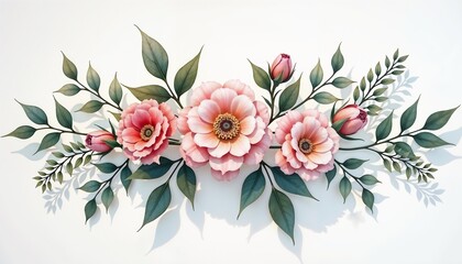 Floral arrangement with pink flowers and green leaves, creating a vibrant and decorative composition