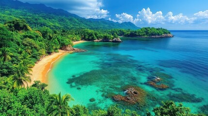 Tropical Beach Paradise, Lush Coastline, Stunning Scenery