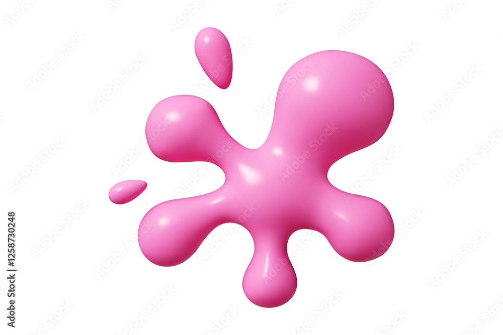 Poster pink liquid 3d abstract shape with smooth curved edges and scattered blob droplets. vector design el