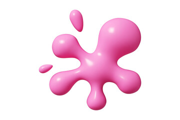 Pink liquid 3d abstract shape with smooth curved edges and scattered blob droplets. Vector design element of dynamic splash effect with glossy surface and realistic light reflections.