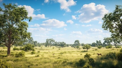Fototapeta premium Scenic African Savannah Landscape with Grazing Animals Under Blue Sky