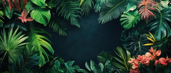 Lush Tropical Foliage Frame with Colorful Flowers and Dark Background