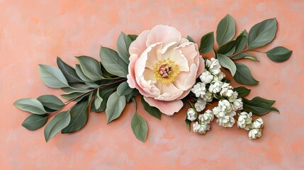 Botanical flat lay with pink peonies, delicate white flowers, and eucalyptus leaves on a soft pink surface, vintage-inspired floral styling, ultra-detailed