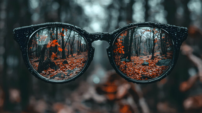 Autumn forest reflected in eyeglasses; nature view