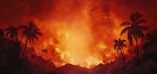 Burning horizon with palm tree silhouettes, smoke clouds rolling over hills, deep orange and red sky, dramatic natural disaster scene, ultra-detailed