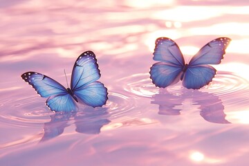 Serene Blue Butterflies on Calm Pink Water at Sunset Nature Scene