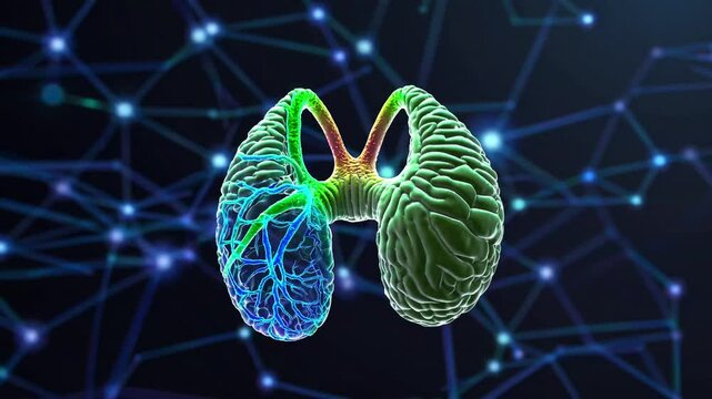 3D-rendered human thymus gland floating in a dark, futuristic space, illuminated by intricate glowing immune pathways in shades of neon green, electric blue, and pulsating cyan. 