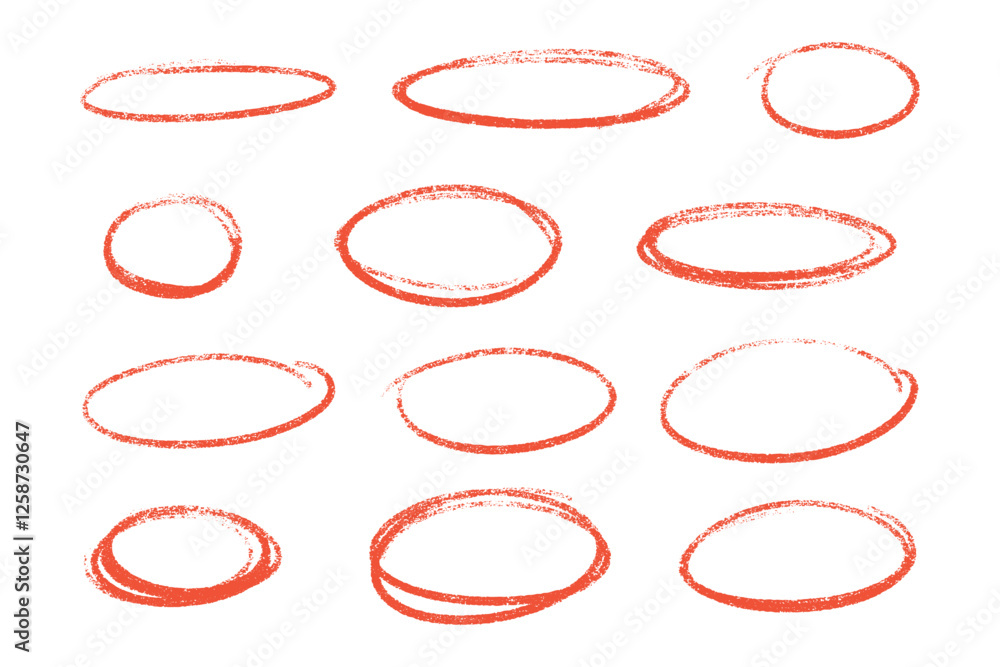 Fototapete crayon highlight set with chalk textured red frames. rough oval shapes display uneven strokes, layer