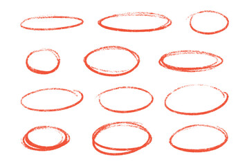 Crayon highlight set with chalk textured red frames. Rough oval shapes display uneven strokes, layered edges. Raw hand drawn outlines of artistic borders, emphasis marks for design elements.