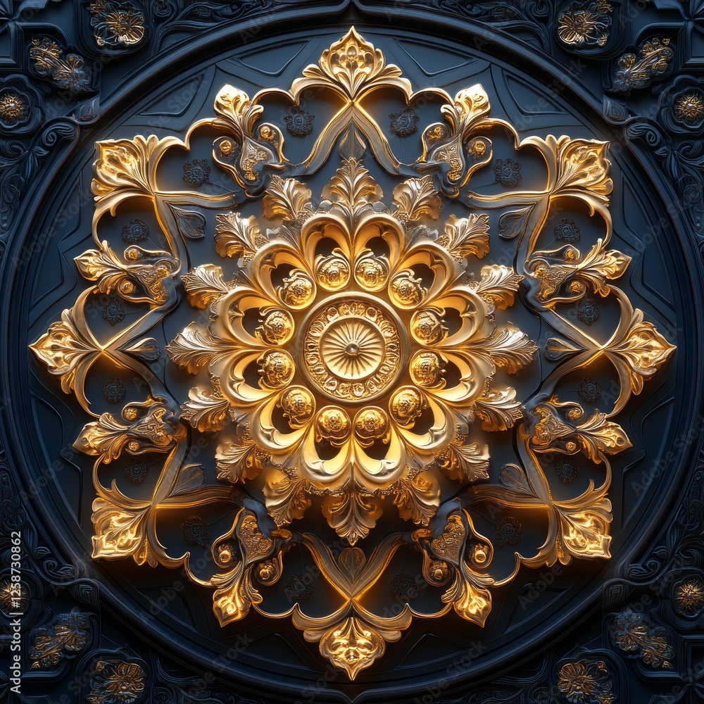 Poster ornate arabesque designs flourish in stunning gold, creating mesmerizing shadow patterns on a deep, 