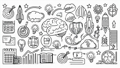 Business idea, startup doodle line icon set. Hand drawn doodle sketch line style business strategy, finance goal, startup idea concept. Rocket, target, brain cute element. perfect any project.