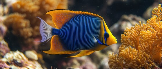 Obraz premium Vibrant Yellow and Blue Fish Swimming in Colorful Coral Reef