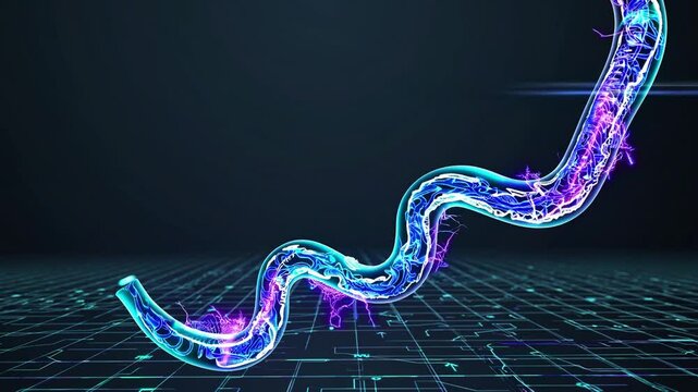 3D-rendered human esophagus floating in a dark, futuristic space, illuminated by intricate glowing muscular and neural pathways in shades of neon blue, electric purple, and pulsating cyan.