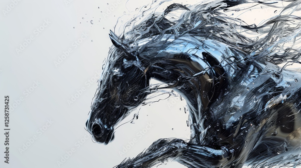 Aufkleber a dynamic depiction of a metallic horse with a liquid-like texture, emphasizing movement and shine. 