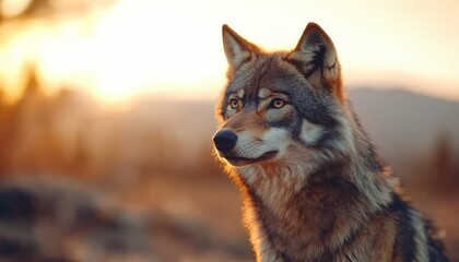 Fototapeta premium Majestic wolf at sunset, mountain landscape background, wildlife photography for nature documentaries