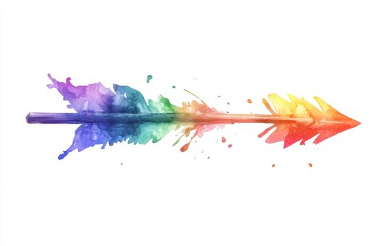 Rainbow watercolor arrow pointing right, isolated, splattered background, design element