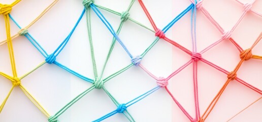 Colorful knotted threads network on white, pastel background; connection concept