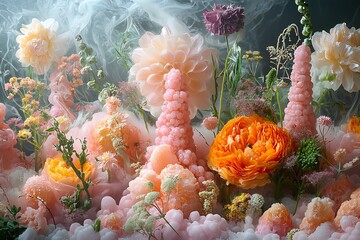 Dreamlike Floral Arrangement Peach Orange Blooms Smoke Artistic Botanical Photography