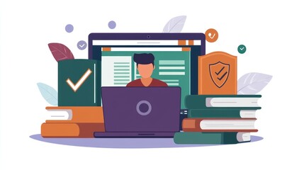 Online Student Laptop Learning Books Checkmarks Secured Education