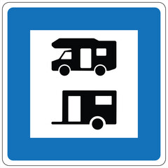 Blue sign indicating parking for campers and caravans