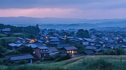 Fototapeta premium Twilight Panorama Of A Japanese Village Nestled In Mountains