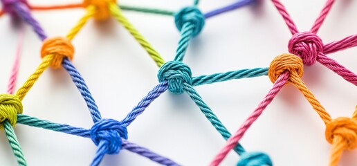 Colorful rope network knots on white; connection