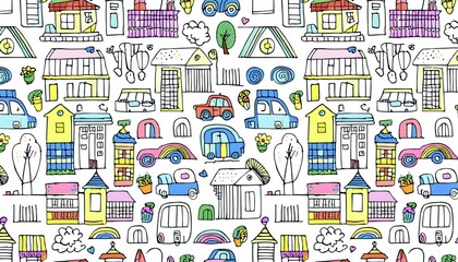 Kindergarten doodle vector background. Hand drawn doodle style children cute seamless pattern, preschool wallpaper. Kids education simple background with toy, car, house elements. perfect any project.