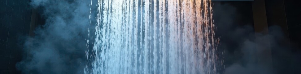 Powerful shower jets create dense steam filling a glass enclosure , relax, powerful, intense spray