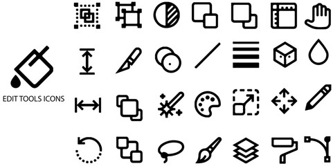 Edit tools simple concept 28 icons set. Set includes icons as web design, text size, website, magazine, layers. Vector illustration.