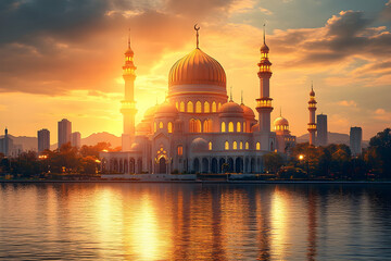 Majestic Mosque at Sunrise over City Reflecting on Water