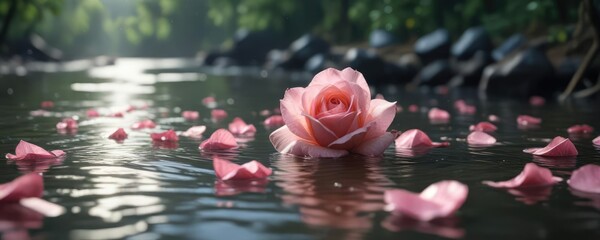 Delicate rose petal gently surrendering to the current of a slow-moving river, serene landscape, gentle movement