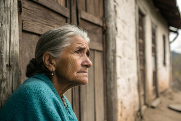 elderly sad woman An elderly woman sits thoughtfully outside a rustic building, wrapped in a blue shawl, conveying a sense of introspection and serenity.