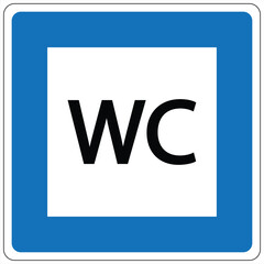 Blue bordered sign indicating restroom facilities